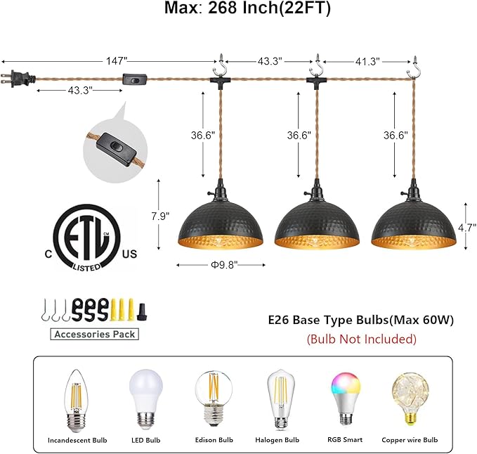 3 Light Plug in Pendant Lights Hammered Dome Hanging Lamp with Switch 22 Ft Long Hemp Rope Farmhouse Pndant Light Cord Lighting Fixture DIY Hanging Light