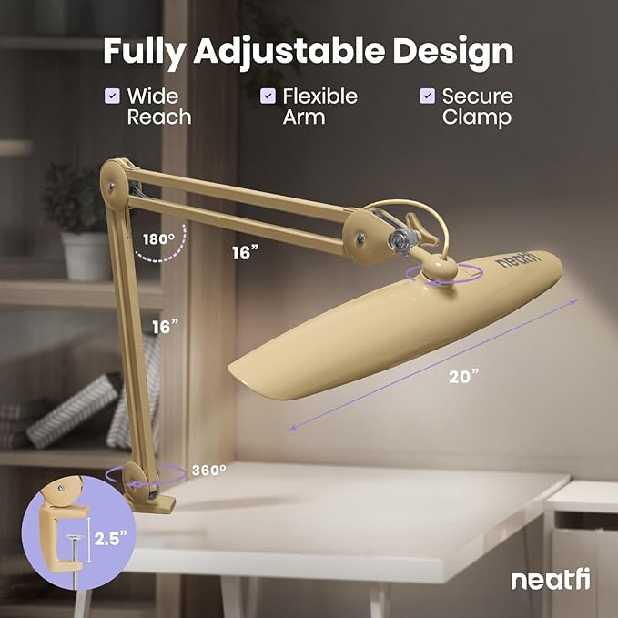 Neatfi XL 2200 Lumens 20W LED Desk Lamp with Clamp - Adjustable Color Temperature | 4-Level Dimmable Light | Home Office, Crafts & Workbench | 20-Inch Wide Head (CCT, Gold)
