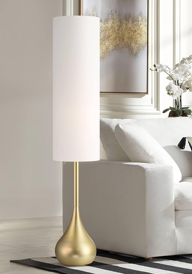 Possini Euro Design Moderne Mid Century Modern 62" Tall Standing Floor Lamp Droplet Foot Switch Metal Soft Gold Finish Living Room Bedroom House Reading Office Home Decor Entryway White Drum Shade