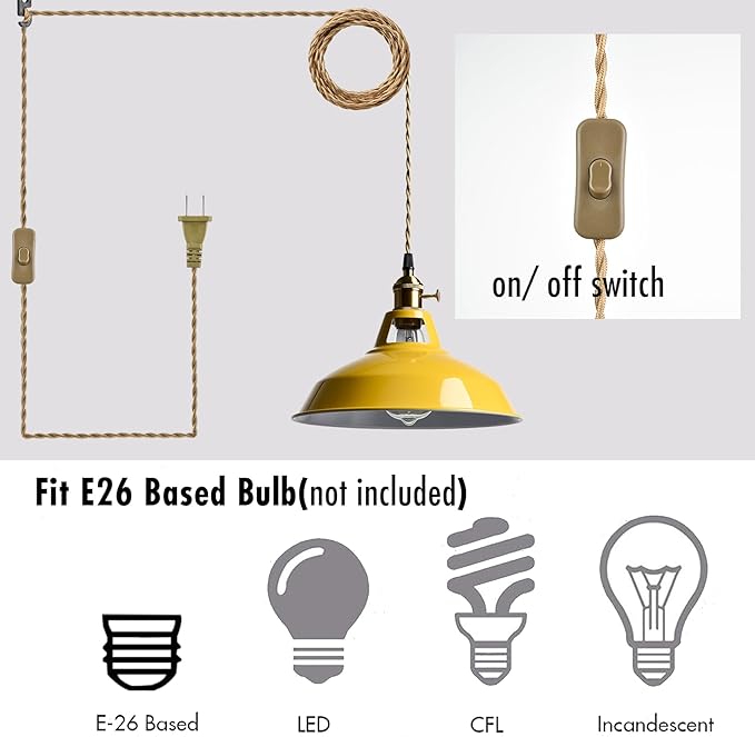 YUBOLE Nordic Hanging Pendant Light with Plug Metal Barn Hanging Light Fixture for Kitchen Bedroom Foyer, Yellow