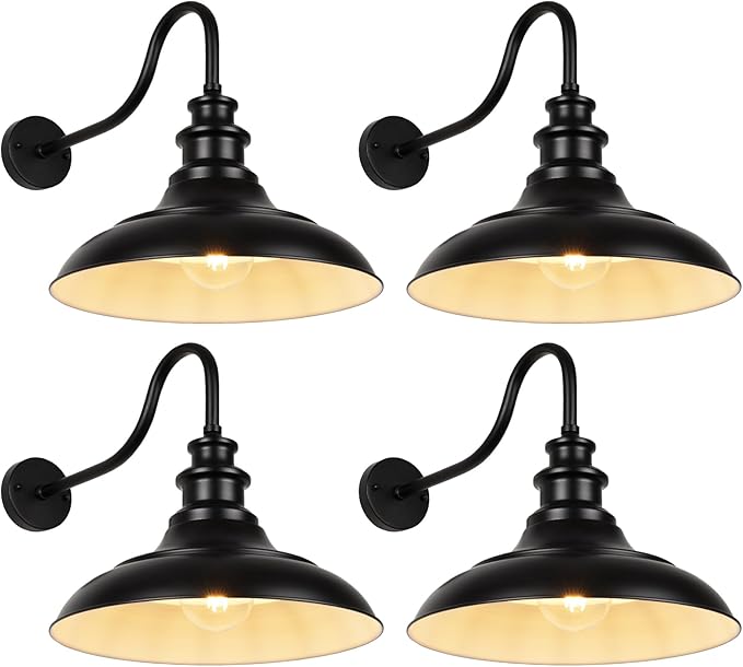 Exterior Farmhouse Gooseneck Barn Light, 16 Inch Vintage Outside Garage Light Fixtures, 4PCS Anti-Rust Waterproof Outdoor Light for Patio Frontdoor Entryway Doorway, Matte Black