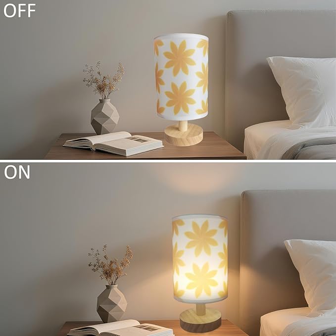 Small Bedside Night Table Lamp∣Inline Control & 3 Brightness Levels∣Yellow Flower-Patterned Shade Bedside Lamp for Bedroom,Living Room,Study,Dorm,Home Office,Baby Room & Kitchen