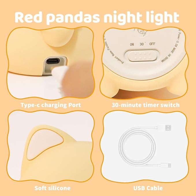 Red Panda Night Light, Squishy Silicone Lamp for Kids - Tap Control 2 Brightness, 50H Battery & Auto Timer, Cute Women Gifts for Boys Girls, Bedside Nursery Desk Decor