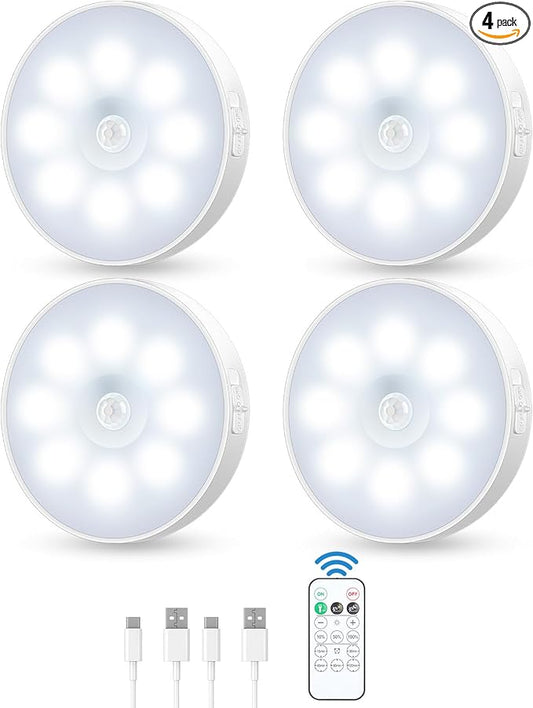 Motion Sensor Puck Light with Remote, Wireless Dimmable Under Cabinet Lights, Rechargeable Magnetic Closet Light, Stick on Night Light, 4-Pack
