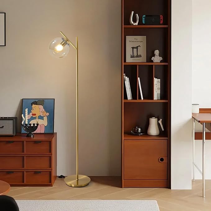 Mid Century Modern Floor Lamp for Living Room Retro Vintage Brass Standing Light Industrial Cognac Glass Globe Floor Freestanding Lamp for Office Hotel Bedroom