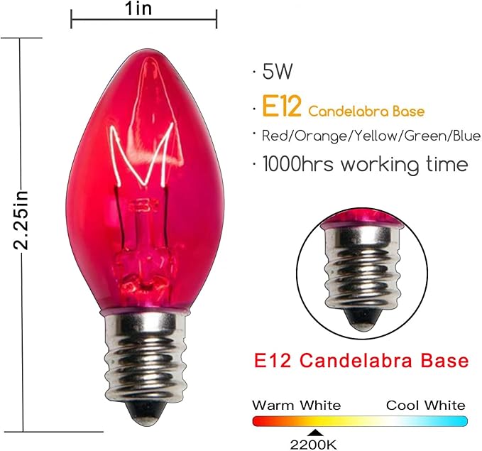 25 Pack C7 Replacement Christmas Light Bulbs, 5 Watt Multicolor Glass Bulbs for E12 Candelabra Base, Clear Incandescent Christmas Bulbs, UL Listed Indoor Outdoor Holiday String Light Replacements