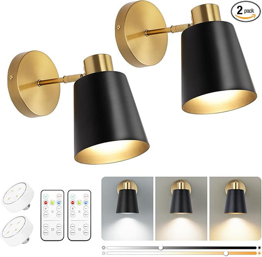 Battery Operated Wall Sconce, Modern Wireless Sconces Set of 2, Cordless Wall Decor Battery Powered Wall Light with Remote Control, Vintage Black and Gold Wall Lamp for Living Room Bathroom Hallwa