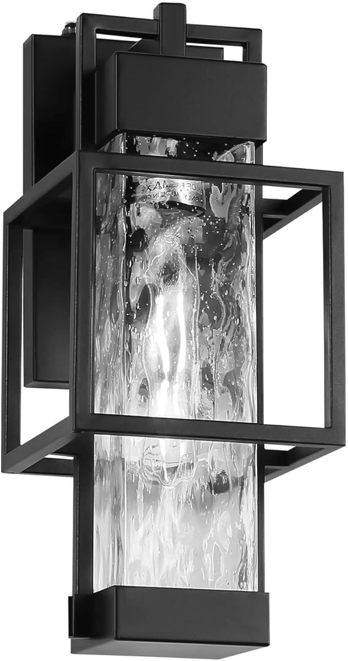 Outdoor Wall Lights Dusk to Dawn with Water Glass, Black Exterior Lighting Fixtures Waterproof Outdoor Sconce Lights with LED Bulbs, 15" H Large Outside Lights for House Porch Garage Patio
