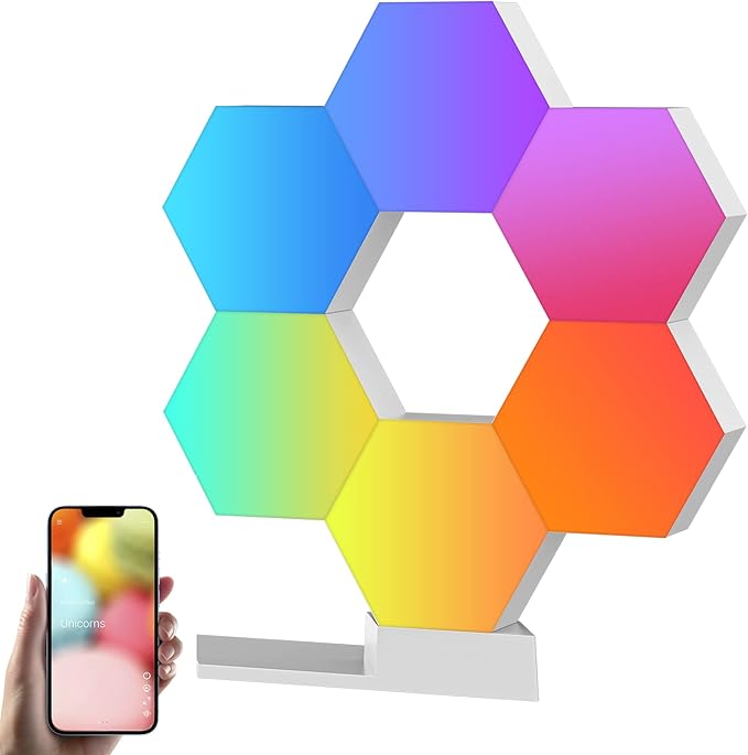 Yescom APP Control Hexagon Light 6 Pack Smart LED Wall Lights Modular Wifi Music Sync Lamp Aesthetic Gaming Room Streaming Decor Compatible with Alexa & Google
