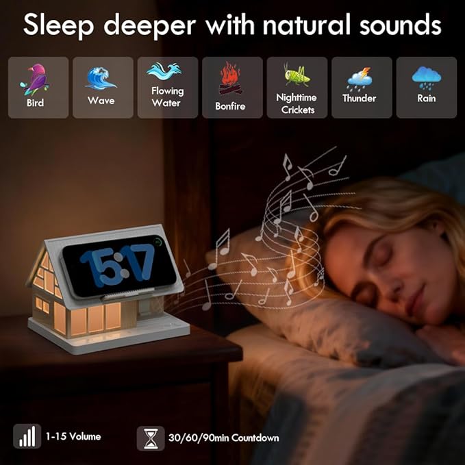 Night Light,House-Shaped Nightstand Light with 15W Wireless Charger and White Noise Machine,Touch Control 3-Level Dimmable Lamp with Timer, Sleep Aid Bedside Light for Bedroom Décor & Gift
