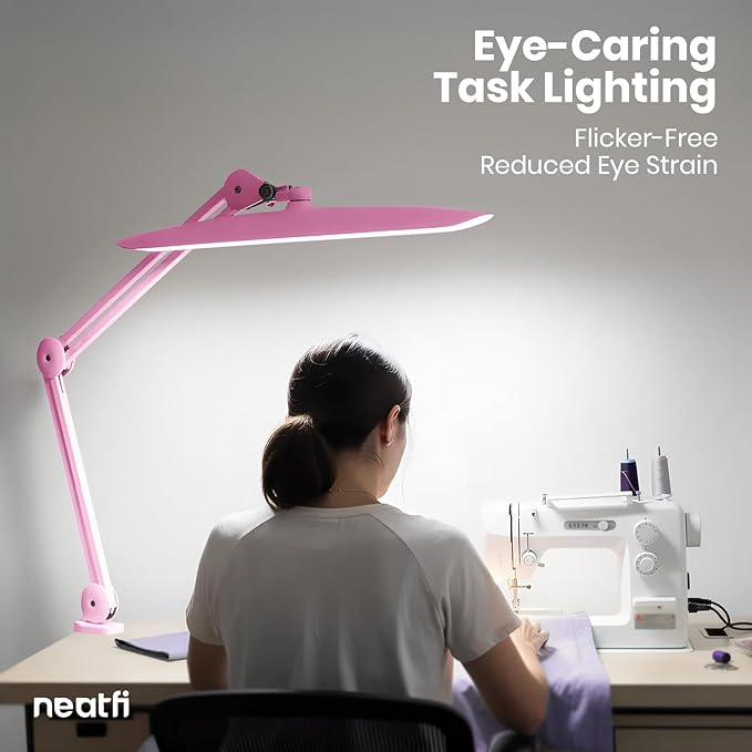 Neatfi XL LED Desk Lamp with Clamp, 2200 Lumens, 24W, 20-Inch Wide Head, Dimmable 4 Brightness Levels, Task Light for Home Office, Crafts, Workbench (Non-CCT, Pink)