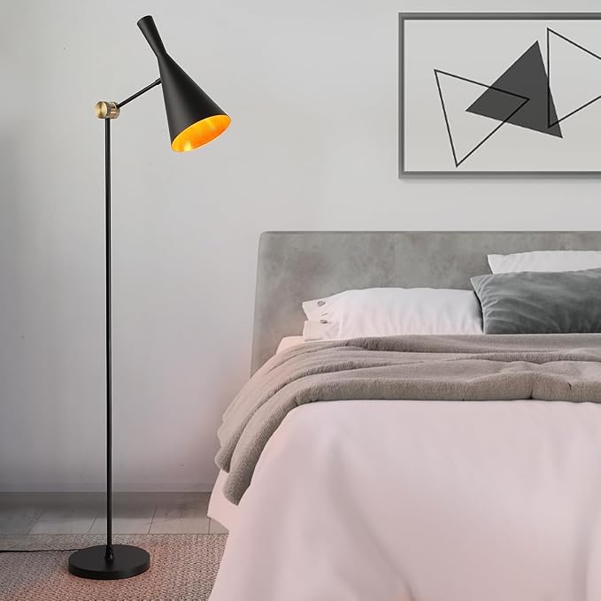 Modern Industrial Floor Lamp For Bedroom, 64'' Adjustable Gold Inner Shade Tall Floor Lamp For Office, Living Room, Skinny Corner Accent Reading Standing Lamp, Retro Farmhouse Mid-Century, Black