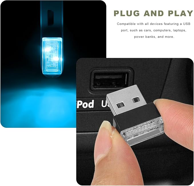 4 PCS USB LED Car Interior Atmosphere Lamp, Mini Night Light Plug-In Trunk Ambient Lighting Kit, Portable USB Interface LED Lamp Interior Decoration for Vehicle Home Office (Ice Blue)