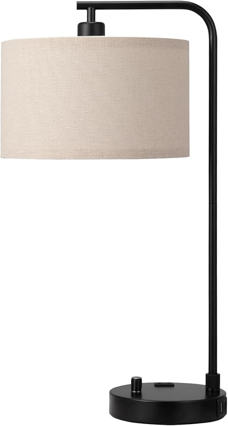 Tall Table Lamp with USB Port and Outlet, Dimmable Nightstand Bedside Lamps with Linen Lampshade, Desk Lamp for Bedroom, Living Room, Guest Room, Home Office, LED Bulb Included