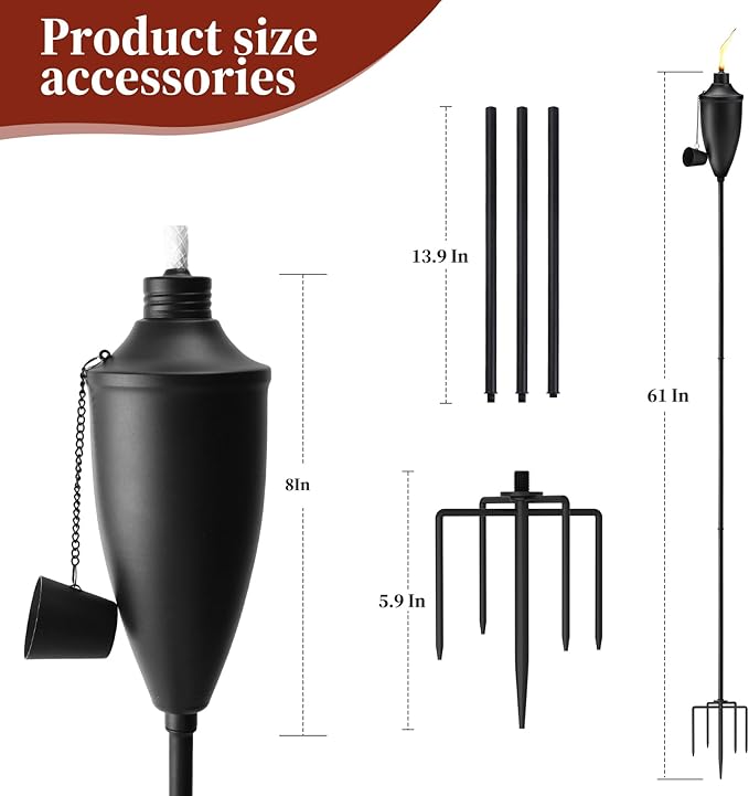 Home Garden Torch Set of 6, Large Capacity 22oz Outdoor Metal Torch Garden Décor, 61 in Upgraded Citronella Torches with 5-Prong Grounded Stake, Torches for Party Patio Pathway