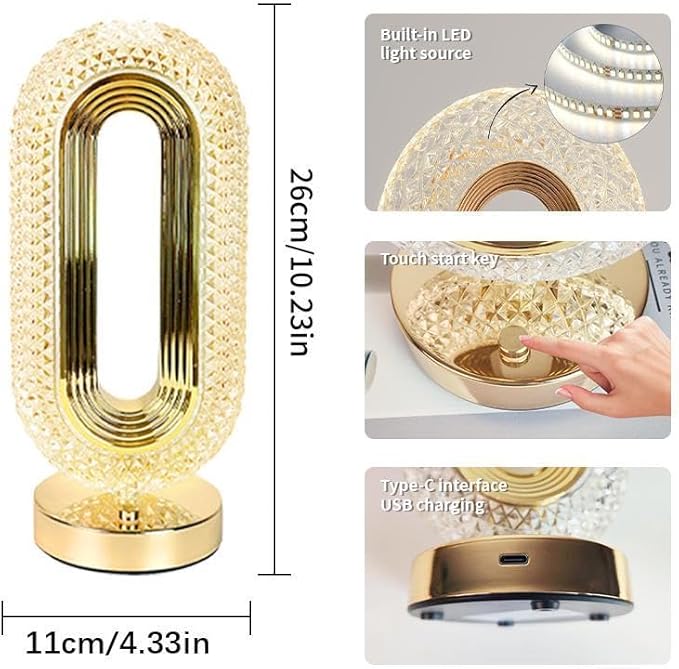 Portable Artificial Crystal Table Lamp, Desk Lamp, USB Rechargeable 3-Color-Changing Touch Control Night Light, Bedside Lamp, Decorative Light for Home Living Room Bedroom