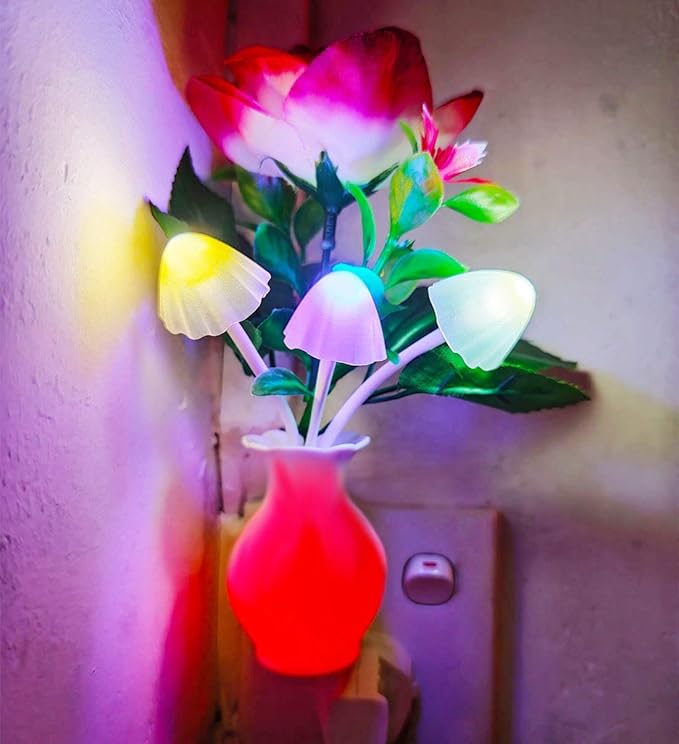 AUSAYE 2 Pack Sensor LED Night Light Plug-in Nightlight, Color Changing Mushroom Light Rose Flower Night Lights for Kids Adults Bedroom, Bathroom, Nursery, Kitchen, Basement