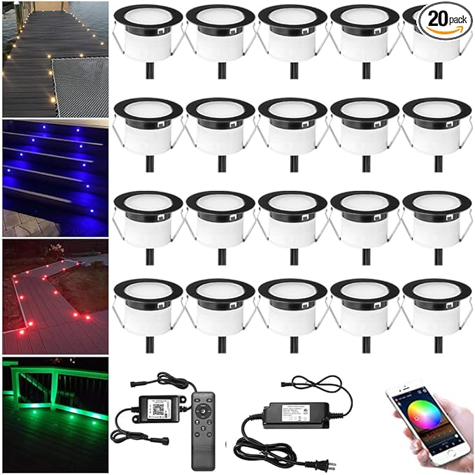LED Deck Light Kit, 20pcs Φ1.77 WiFi Wireless Smart Phone Control Low Voltage Recessed RGBW Deck Lights with Remote, Voice Control, IP67 Waterproof Outdoor Path Stair Landscape Lighting, Black