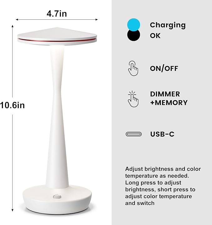 SAKRINGT Rechargeable Cordless Table Lamp, 72Hrs Battery Operated LED Table Light, Portable Touch Dimmable Lamp for Restaurant Patio Dining Outdoor Camping