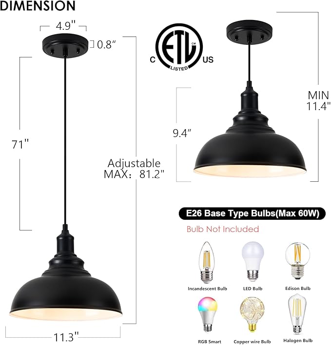 2 Pack Farmhouse Pendant Light Black Pendant Lights Kitchen Island Industrial Adjustable Hanging Barn Lamp Pendant Lighting Over Island Sink Light Fixtures