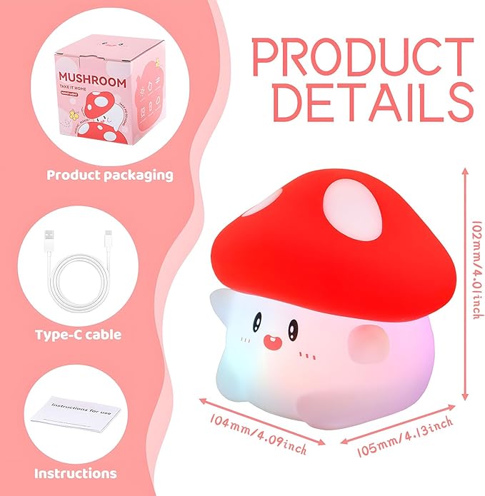 Mushroom Night Light Color Changing, 50Hrs Mushroom Lamp, Tap Control 2 Brightness & Timer, Rechargeable Squishy Night Lamp for Kids Adults, [Easter Gifts]