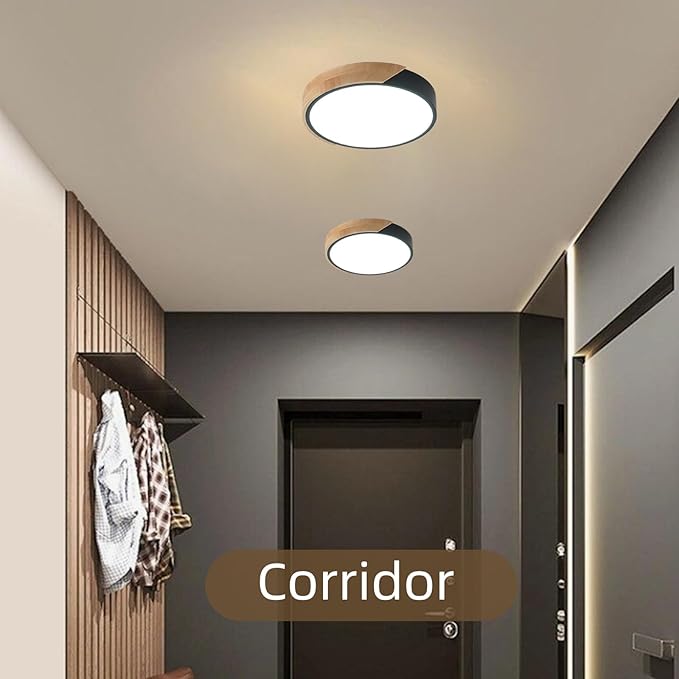 Modern LED Ceiling Light, 2 Pack Wood Flush Mount Ceiling Lights, LED Kitchen Lights Hallway Light Fixtures for Bedroom Laundry Room (Black,11.8",6000K)