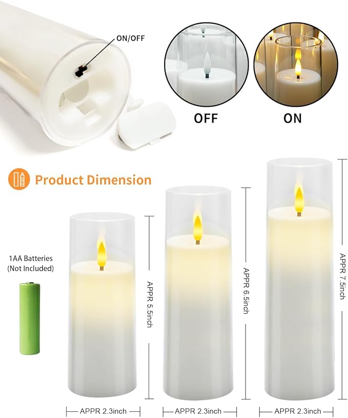 Flickering Flameless Candles Battery Operated with Remote and 2/4/6/8 H Timer Acrylic Led Pillar Candles Pack of 9 (appr D2.3"xH5.5"6.5"7.5")with Realistic 3D Wick Candles for Home Decor(White)