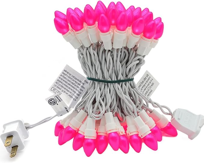 Christmas Pink Mini String Lights-50 Count 13 Feet Detachable LED Glass C3 Bulb Waterproof Fairy Lights Plug in for Indoor Outdoor Party Patio Xmas Tree Valentine’s Day White Wire
