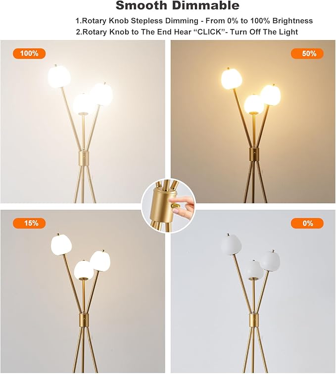Fiqevs Dimmable Tripod Floor Lamp for Living Room, 3 Globe Modern Gold Floor Lamp with Elegant Frosted Sphere Glass Shade and LED Bulbs, Standing Tall Lamp for Bedroom, Office - Antique Brass