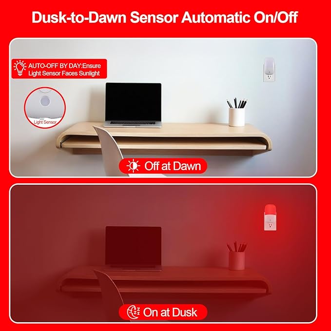670nm Red Night Light with Retractable Plug [3 Pack] - Zero Blue Light, with Dusk to Dawn Sensor - Auto On/Off 0.3W LED Night Light Plug into Wall Pefect for Bedroom,Bathroom,Nursery,Hallway