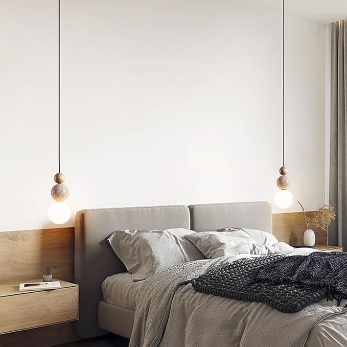 Natural Stone & Wood Pendant Light Fixture | Spherical Milk Glass Hanging Lamp | Modern Organic Ceiling Light | Adjustable Bedside Suspension Light for Dining Room, Kitchen Island, Bedroom(Solid wood)