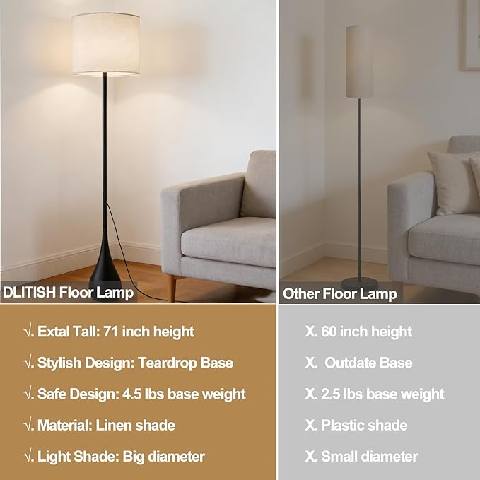 71" inch Contemporary Floor Lamps for Living Room Teardrop Mid Century Modern MCM Extal Tall Large Statement Floor Lamps Warm Light(3000k) Corner Standing Lamp for Bedroom-Black