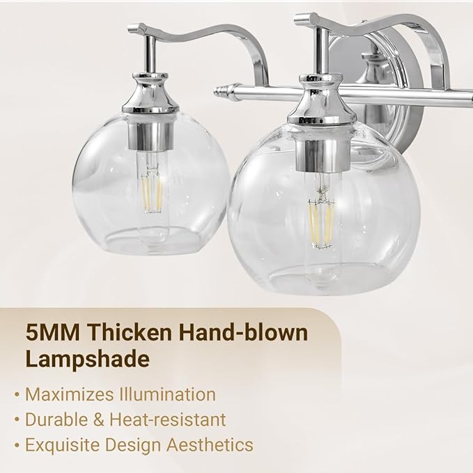 ANDY STAR Chrome Bathroom Light Fixture, 2-Light Modern Vanity Lights, Modern Wall Sconce with Clear Globe Glass Shades, Industrial Wall Lamp with Curved Arm for Bathroom, Powder Room, Over a Mirror