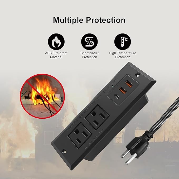 20W Recessed Power Strip USB C Fast Charge Desk Power Outlet Type C Flush Mounted Extension Power Plug for Conference Countertop Desktop Drawer Sofa ETL Listed 10ft Power Cord