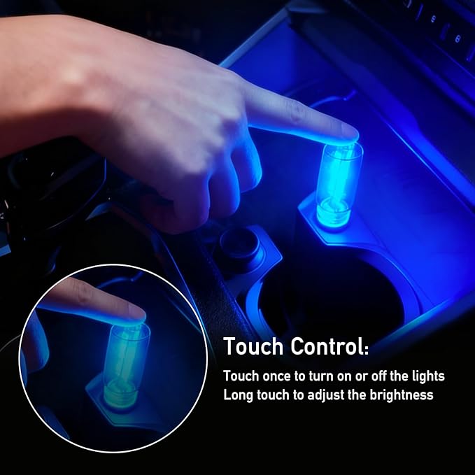 4 PCS USB Car Lights, Touch Dimmable Retro Mini Glass Bottle LED Ambient Night Light for Vehicle Interior, Bedroom, Hallway, Camping, Holiday and Party Decoration (Blue)
