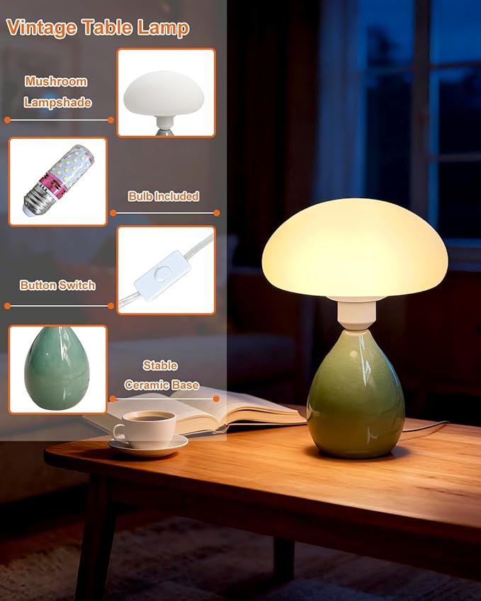 Lightdot Mid Century Modern Dimmable Table Lamp Green Ceramic 3000K Warmwhite Desk Lamp with Mushroom-Shaped Shade for Living Room Bedroom Bedside Nightstand House Office Home Reading