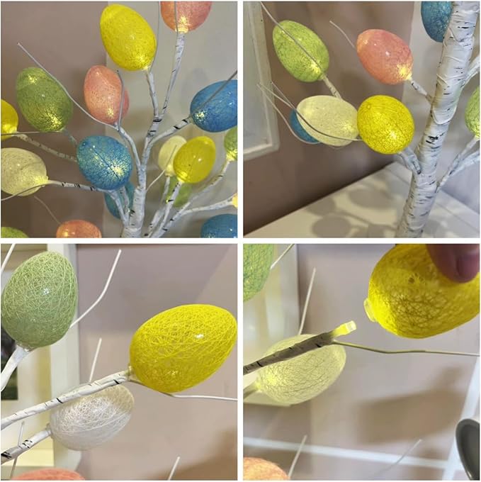 Easter Decorations,Pre-Lit Artificial Easter Egg Tree with LED Lights,2FT Lighted Birch Tree,Light up Tree Lamp for Spring Holiday Tabletop Decor