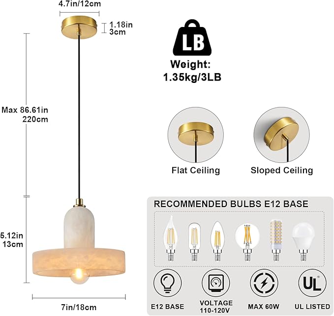 Alabaster Pendant Light for Kitchen Island, Modern Brass Hanging Light Fixture with Natural Alabaster Stone Shade, Adjustable Pendant Lighting Over Sink, Dining, Bar, Counter- 2 Pack