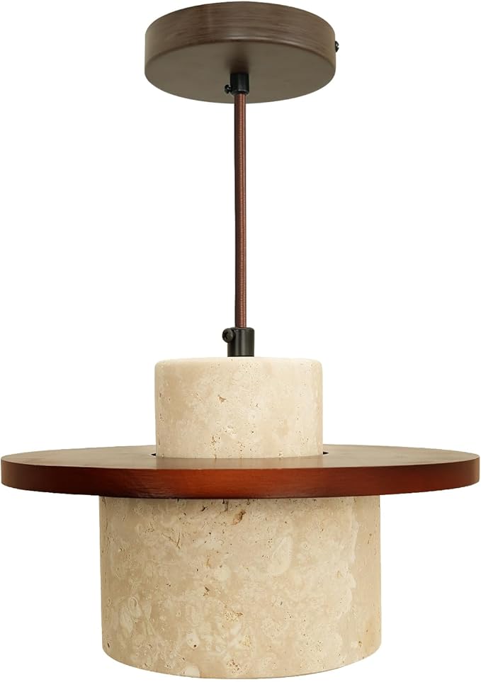 Nordic Pendant Light Natural Yellow Travertine Lamp Simple Wabi Sabi Lamp Suitable for Restaurant Bedside Kitchen Island Cafe Wood Pendant Light (Walnut Color)