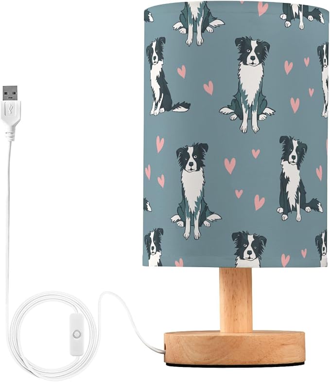 Cute Hand Draw Border Collie and Pink Hearts Bedside Table Lamps with USB Port for Bedroom Lamp Accent Table Lamp Small Nightstand Lamp Linen Shade Decorative Lamps for Kids|Reading|Dome|Home