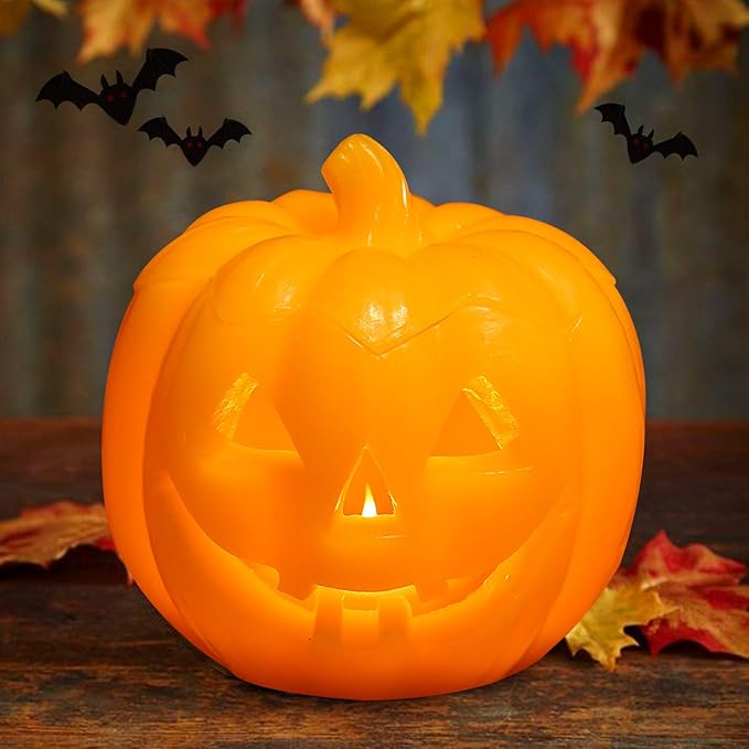 Halloween Smile Lighted Pumpkin with 10-Key Remote, Pumpkin Shaped Flameless Real Wax Flickering Candle with Timer for Home Table Centerpiece Decoration