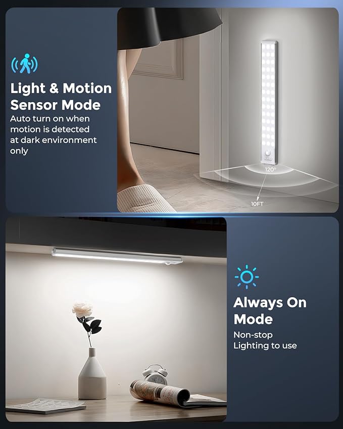 Under Cabinet Lighting with 3 Color Temps - 10.5" Motion Sensor Light Indoor, Magnetic Wireless Closet Lights, Dimmable Led Light, Rechargeable Under Counter Lights for Kitchen, Bedroom, Stair, 2 Pack