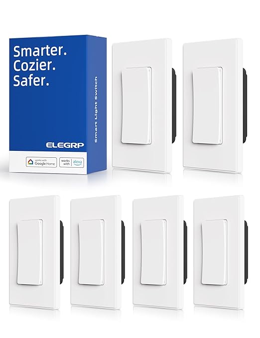 ELEGRP Smart Light Switch, 2.4GHz Wi-Fi Light Switch Compatible with Alexa & Google Assistant, Neutral Wire Required, APP Control and Timer Schedule, UL Certified,Single Pole, White, 6 Pack