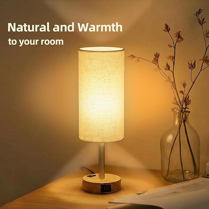 Table Lamp for Nightstand, High-Sensitivity Touch, 3-Level Dimmable Bedside Lamp with AC Outlet | USB | and USB-C, Ideal Night Stand Lamp for Bedroom, Reading, Living Room (Warm&Wooden)