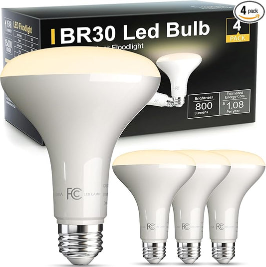 TJOY LED Flood Light Bulb 4 Pack, Recessed Ceiling Bulb, BR30, 65W Equivalent Efficient 9W, Dimmable, E26 Base, Warm White 3000K, 10 Year, 800 Lumens, 80CRI, LED Ceiling Light for Kitchen, Living room