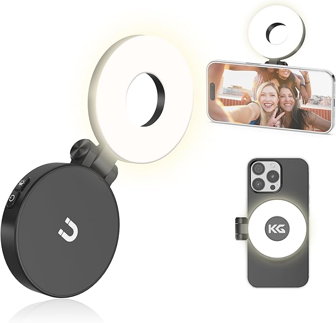 KraftGeek Magnetic Selfie Light for iPhone, Portable Phone Ring Light with Rechargeable Battery, Compact LED Phone Light for Travel, Video Recording, Vlogging