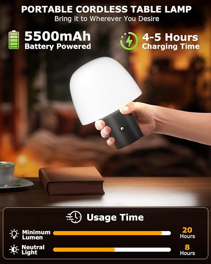 Portable LED Table Lamp, Cordless Desk Lamp Rechargeable, 3-Color Touch Stepless Dimming Night Light for Bedroom/Children's Room/Terrace/Dining Room/Cafe (Black)