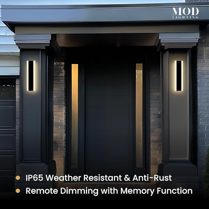 𝗠𝗢𝗗 𝗟𝗜𝗚𝗛𝗧𝗜𝗡𝗚 Haylen | Waterproof Outdoor Wall Light, LED Dimmable with Remote 3000K-6000K, Long Outdoor Porch Lights, Wired Lighting Fixture, Patio Exterior Wall Sconce, 2-Pack (Black, 12")