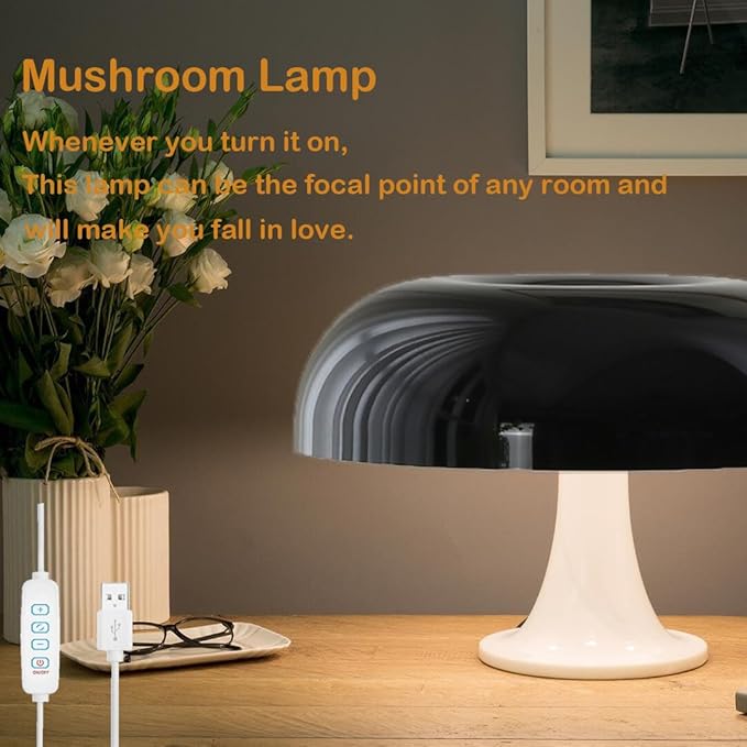 Mushroom Lamp, Dimmable Mushroom Table Lamp with 3 Lighting Modes, Mid Ccentury Retro Lamp, Mushroom Shade Shaped Desk Lamp, Night Light Bedside Lamp, Home Decor Aesthetic Lamp (Plug Powered) (White)