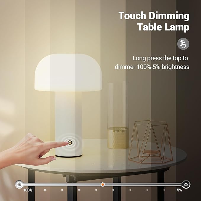Cordless Mushroom Table Lamp Rechargeable,4000mAH Portable Battery Operated Lamp,3 Color Stepless Dimming Modern Lamps for Bedside Lamps,Touch Dimming Night Light for Home/Restaurant White